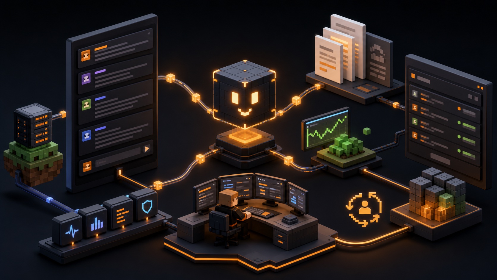 A stylized AI support node connecting Discord support threads, documentation, diagnostics, and human escalation.